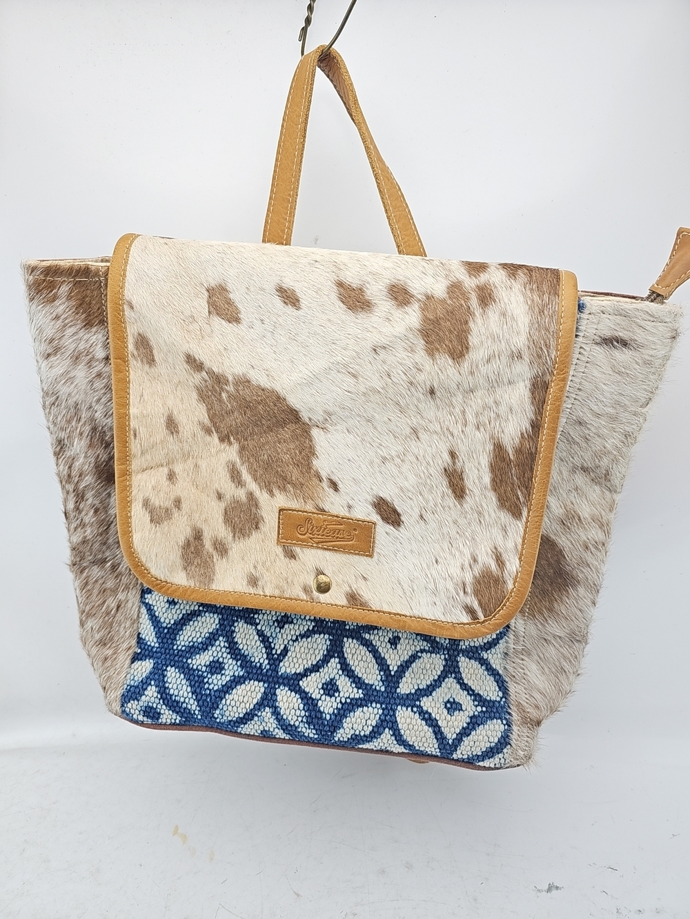 Sixtease Cowhide and Geometric Print Canvas Backpack